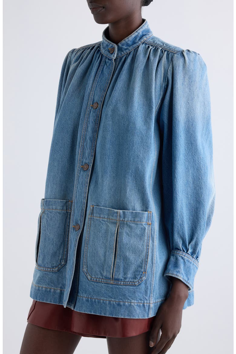Puff Sleeve Denim Jacket, Alternate, color, ICED BLUE