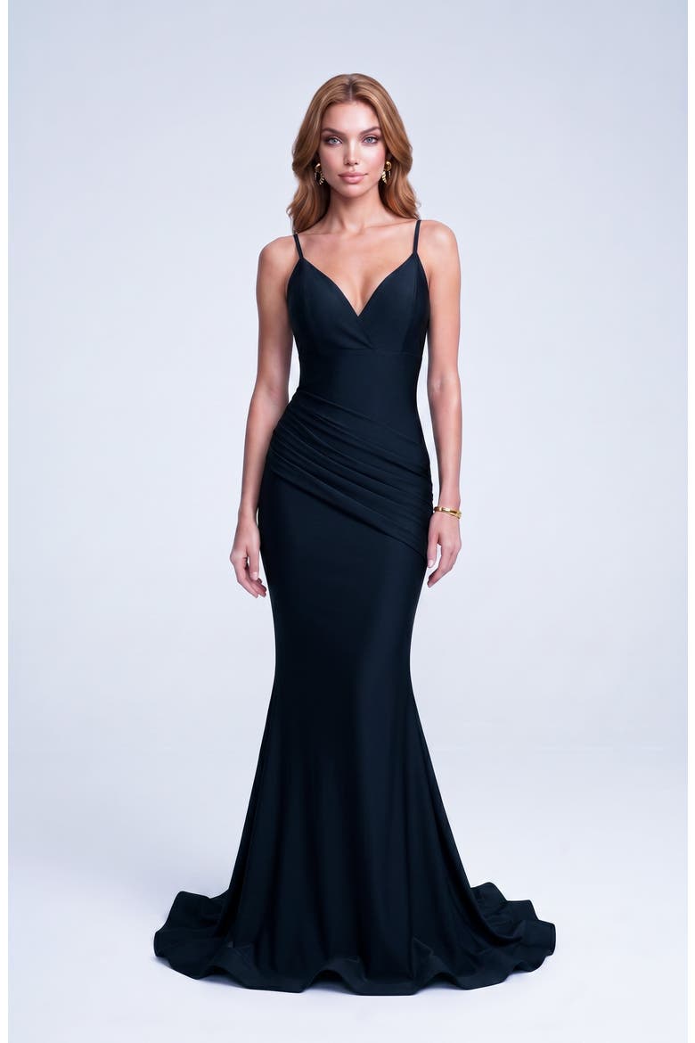 Ruched Plunge Neck Strappy Back Mermaid Evening Gown, Alternate, color, Black
