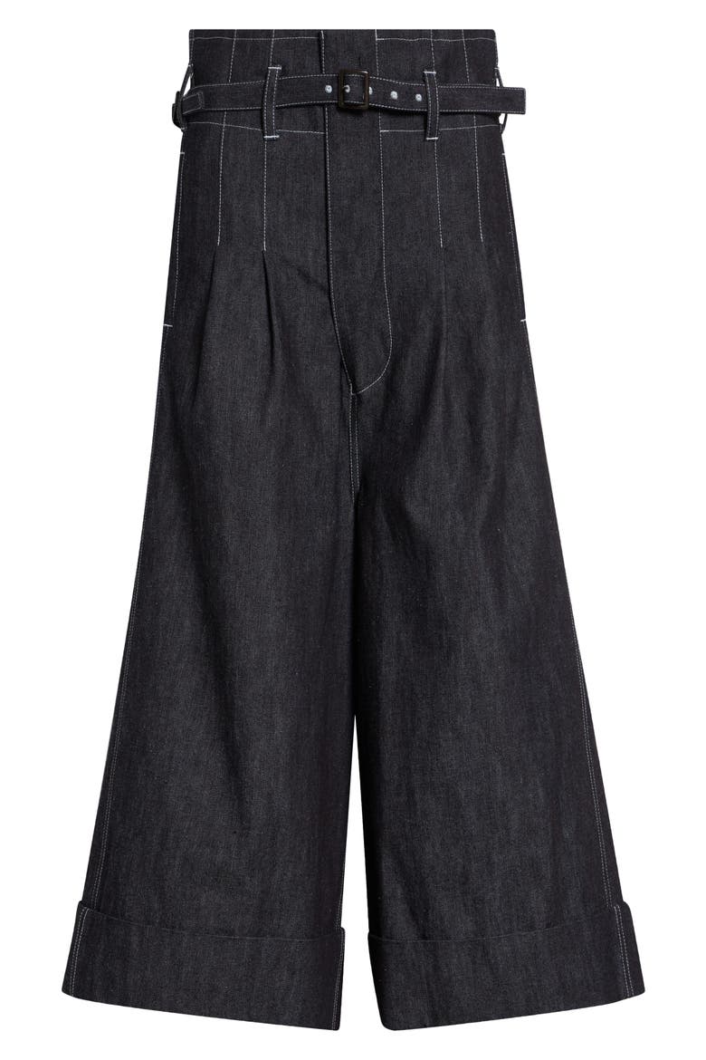 High Waist Belted Flared Denim Pants, Alternate, color, BLACK/ OFF WHITE