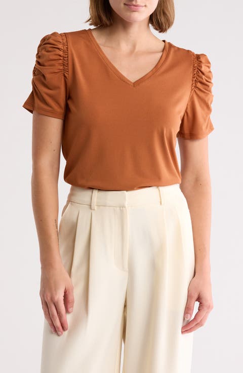 Ruched Sleeve V-Neck T-Shirt
