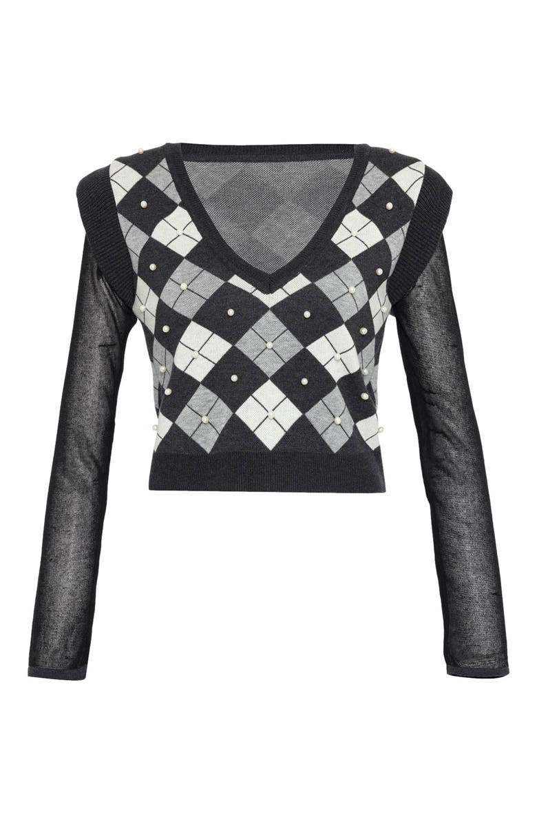 THEO The Label Nomia Plaid Pearly V-neck Sweater, Alternate, color, 