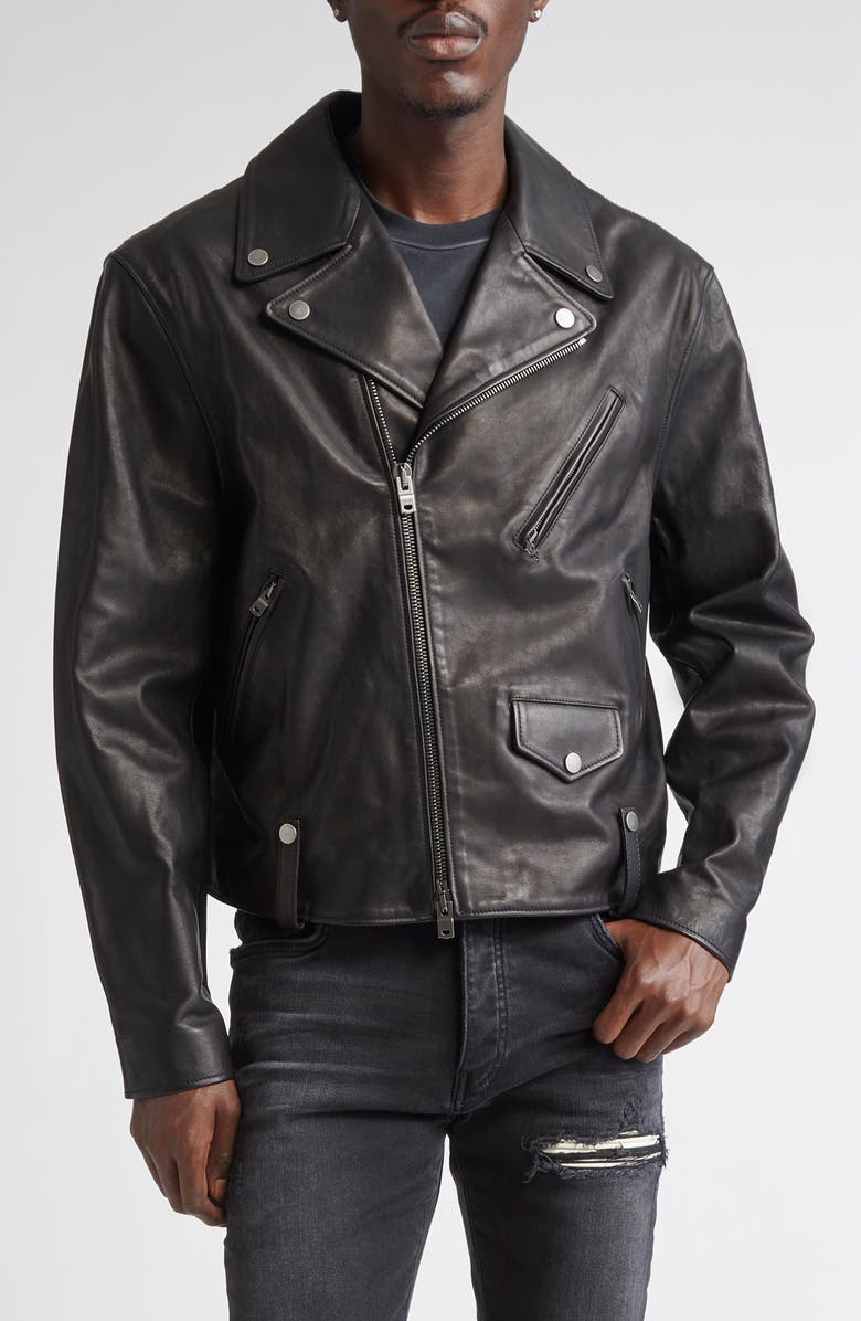 AMIRI Hollywood Appliqué Leather Biker Jacket, Main, color, Black