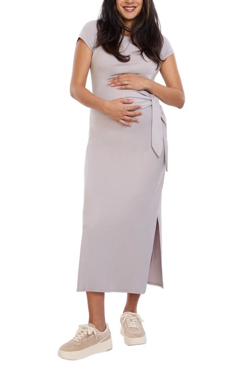 Crew Neck Short Sleeve Side Tie Maternity Midi Dress