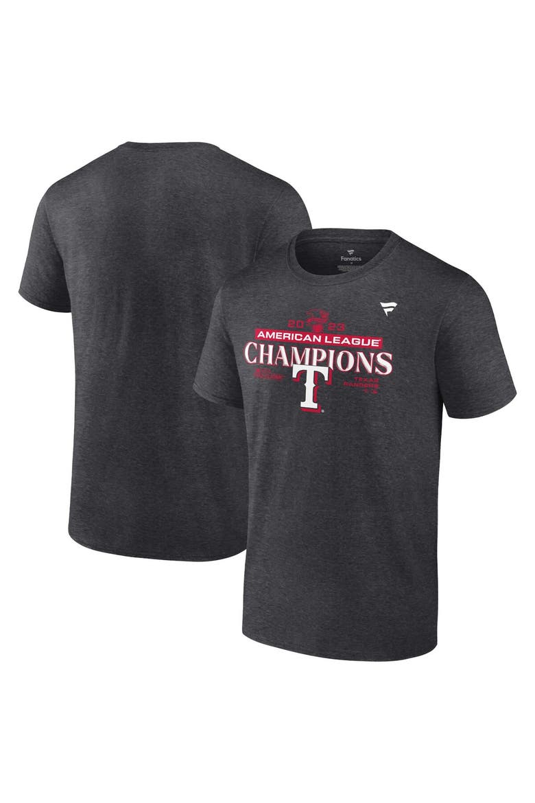 Men's Fanatics Branded  Heather Charcoal Texas Rangers 2023 American League Champions Locker Room T-Shirt, Main, color, Heather Charcoal