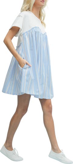 Stripe Twofer Mixed Media Cotton Babydoll Dress