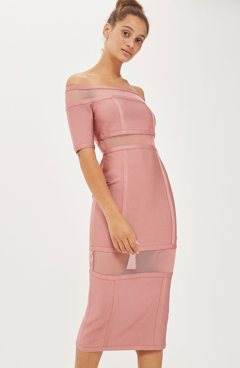 Topshop Sheer Panel Off the Shoulder Body-Con Midi Dress, Alternate, color, 