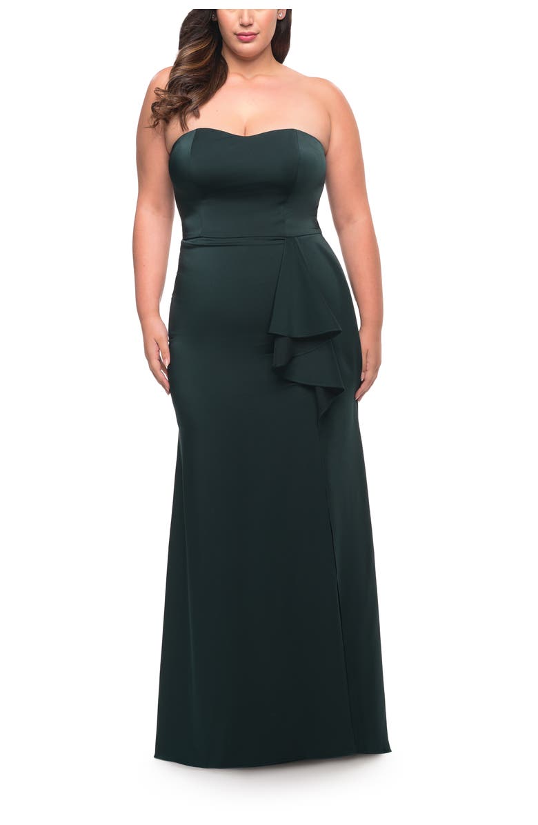 La Femme Strapless Plus Size Dress with Ruffle Slit Detail, Main, color, Dark Emerald