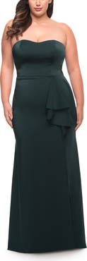 La Femme Strapless Plus Size Dress with Ruffle Slit Detail