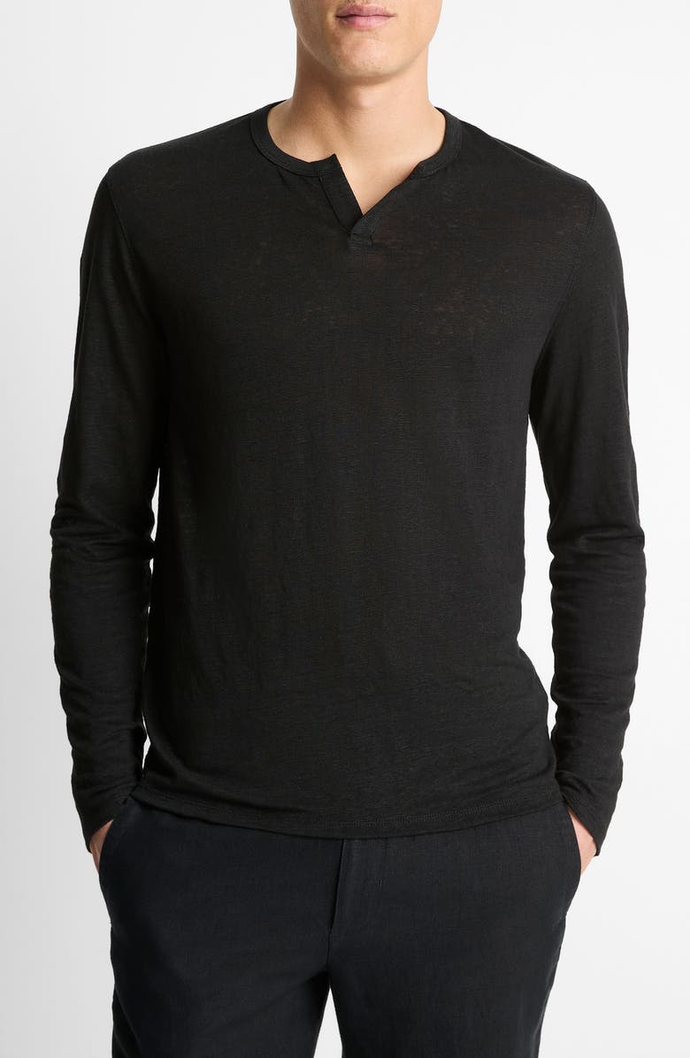 Vince Notch Neck Long Sleeve Slub Linen T-Shirt, Main, color, Black