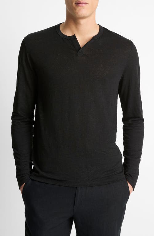 Vince Notch Neck Long Sleeve Slub Linen T-shirt In Black