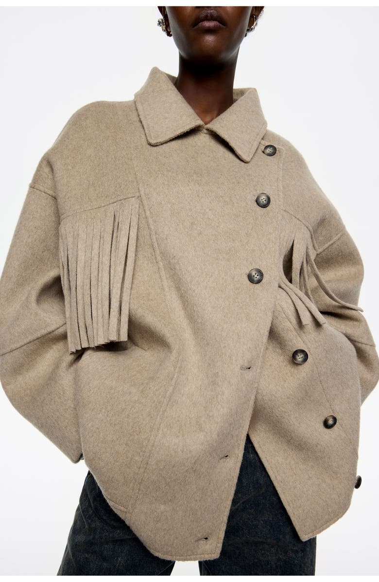 Bimba y Lola Fringed Double-Face Double-Breasted Jacket, Alternate, color, Taupe