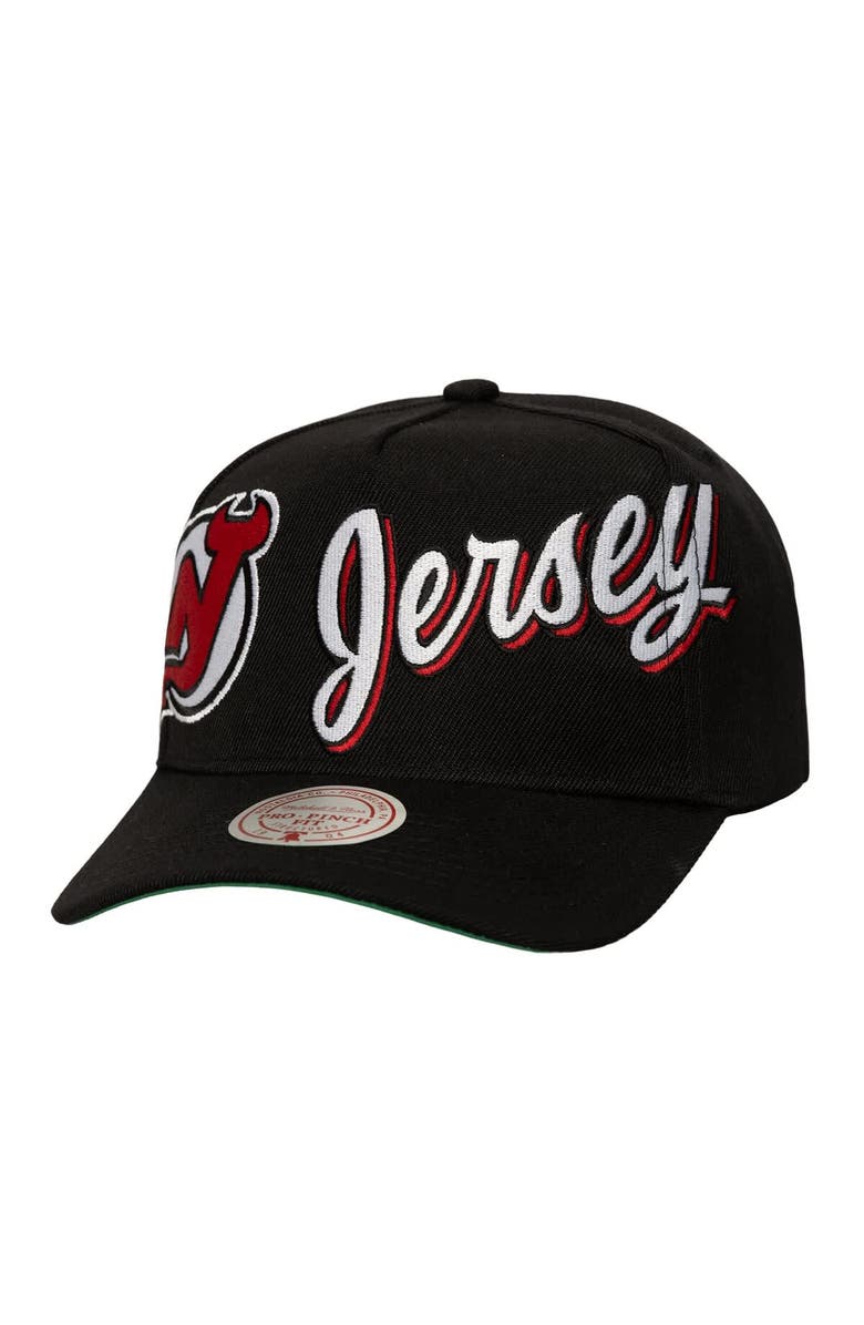 Mitchell & Ness Men's Mitchell & Ness Black New Jersey Devils Busted Logo Wordmark Wrap-Around Pro Pinch Adjustable Hat, Main, color, Black
