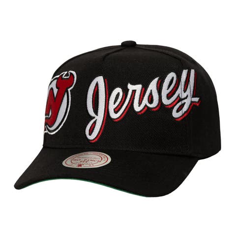 Men's Mitchell & Ness  Black New Jersey Devils Busted Logo Wordmark Wrap-Around Pro Pinch Adjustable Hat