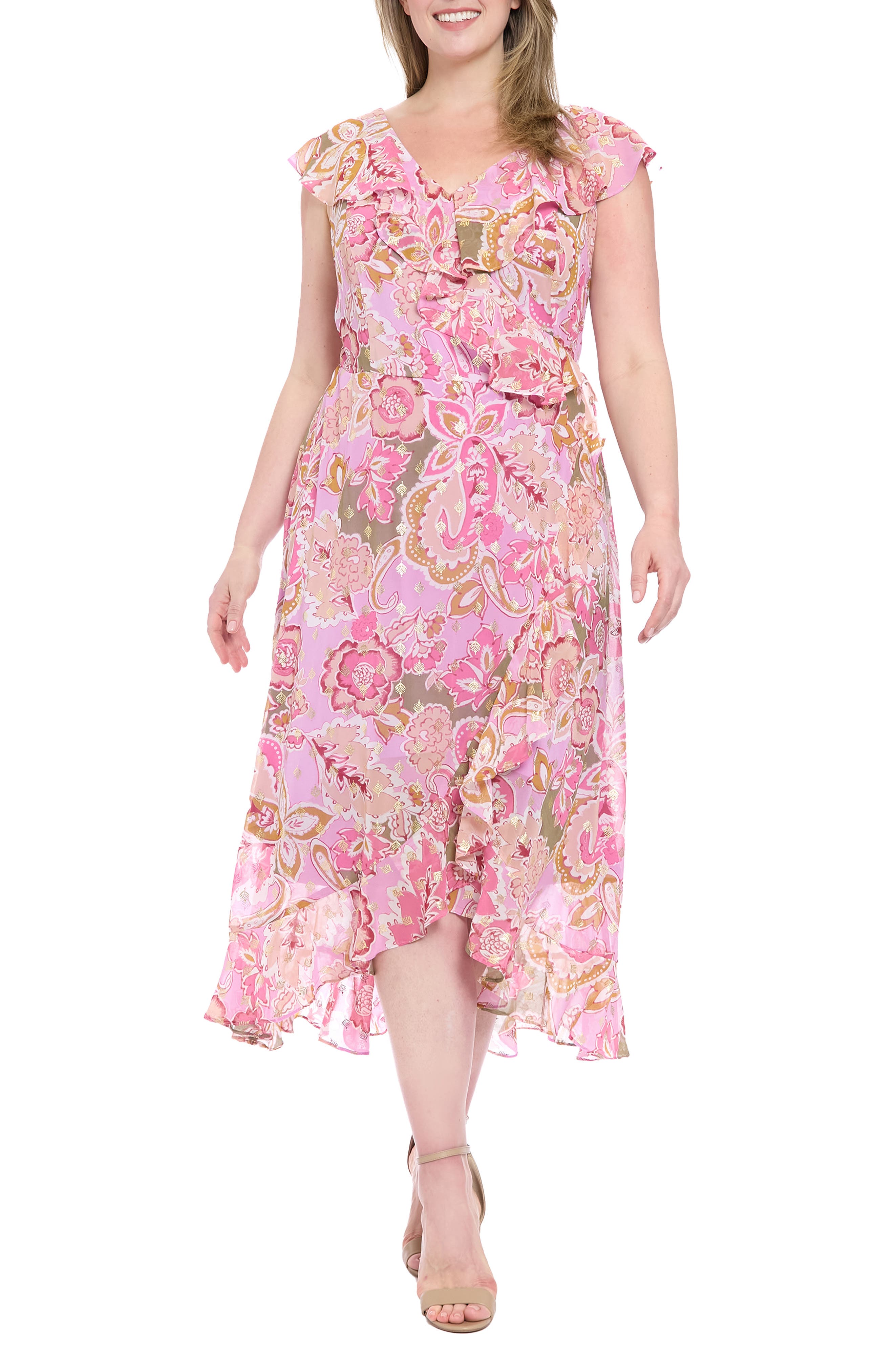 London Times Ruffle Faux Wrap Maxi Dress