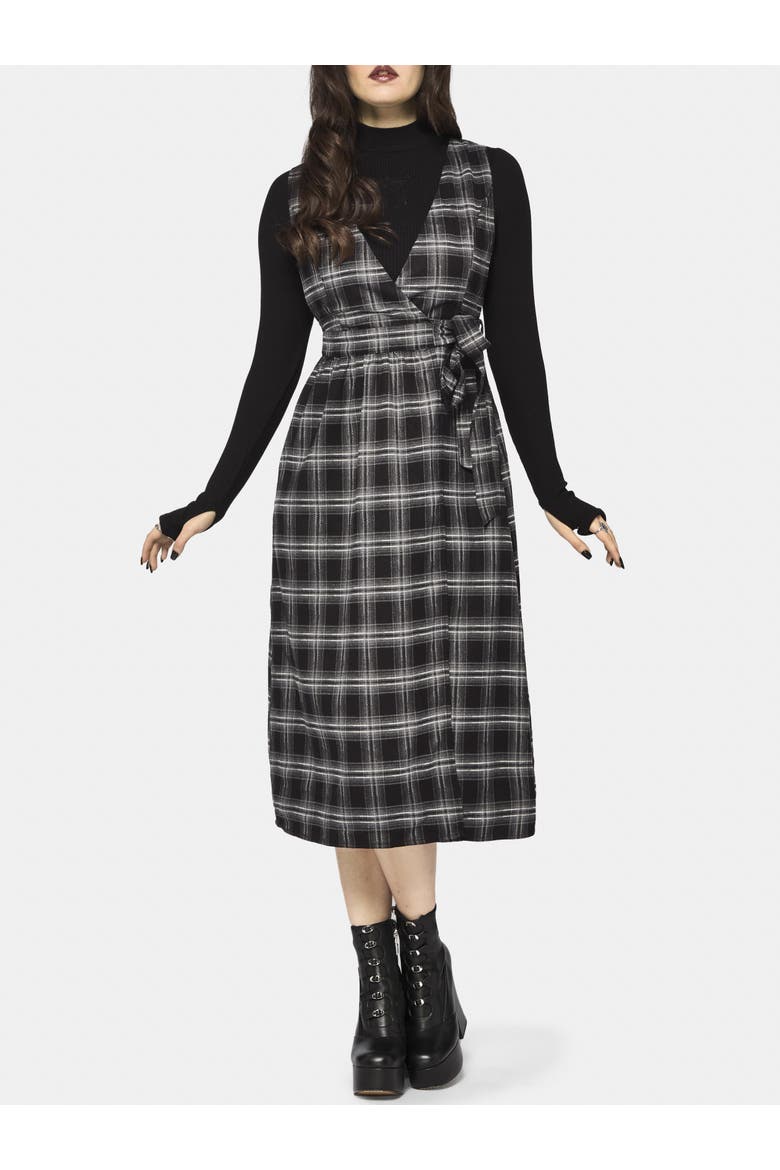 Lochan Check Wrap Pinafore Midi Dress, Main, color, Black