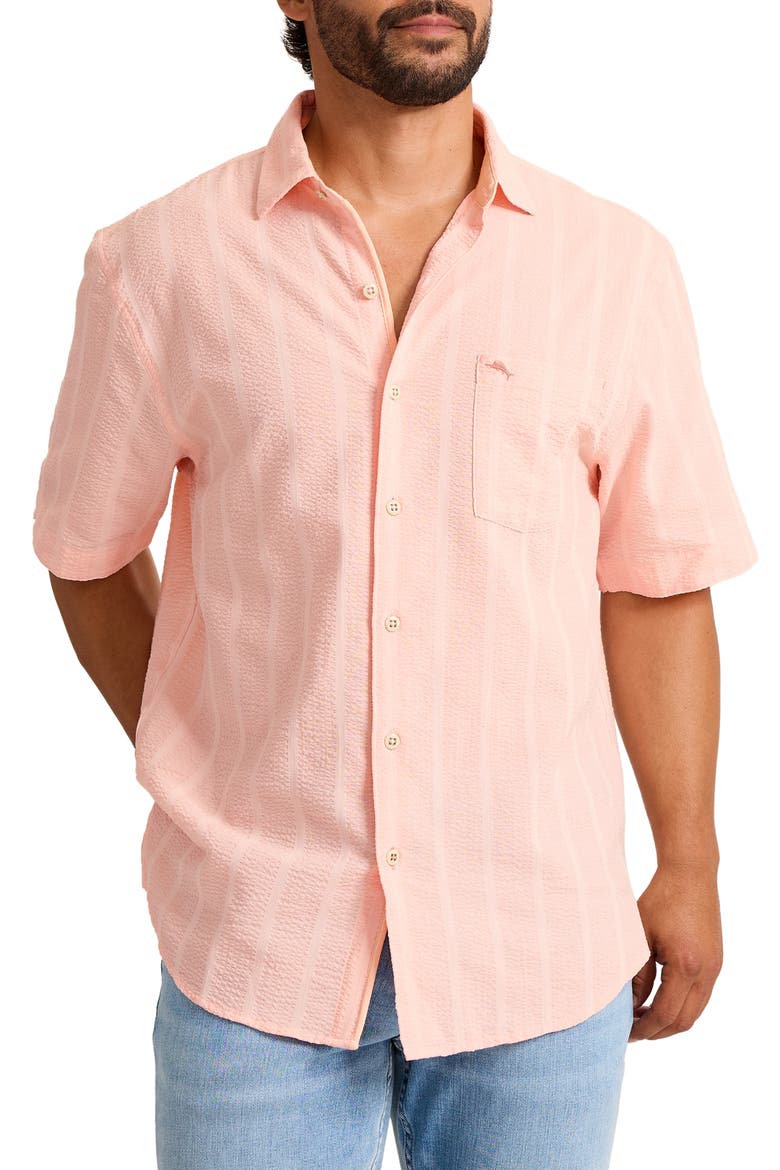 Nova Wave Short Sleeve Stretch Seersucker Button-Up Shirt, Main, color, MELONIE