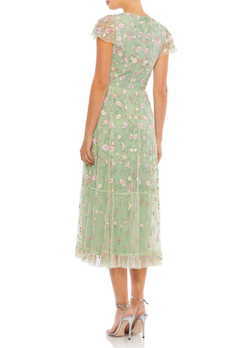 Embroidered V Neck Cap Sleeve Midi Dress, Alternate, color, SAGE