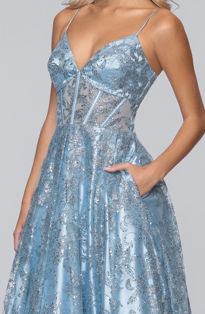 Blondie Nites Jill Glitter Mesh Corset Gown, Alternate, color, Light Blue