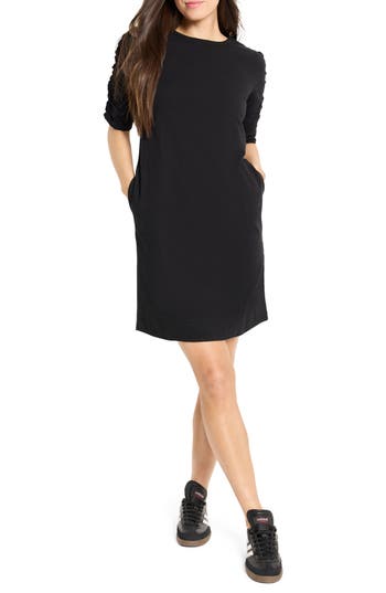 Nzt By Nic+zoe Ruched Sleeve Cotton Dress In Black