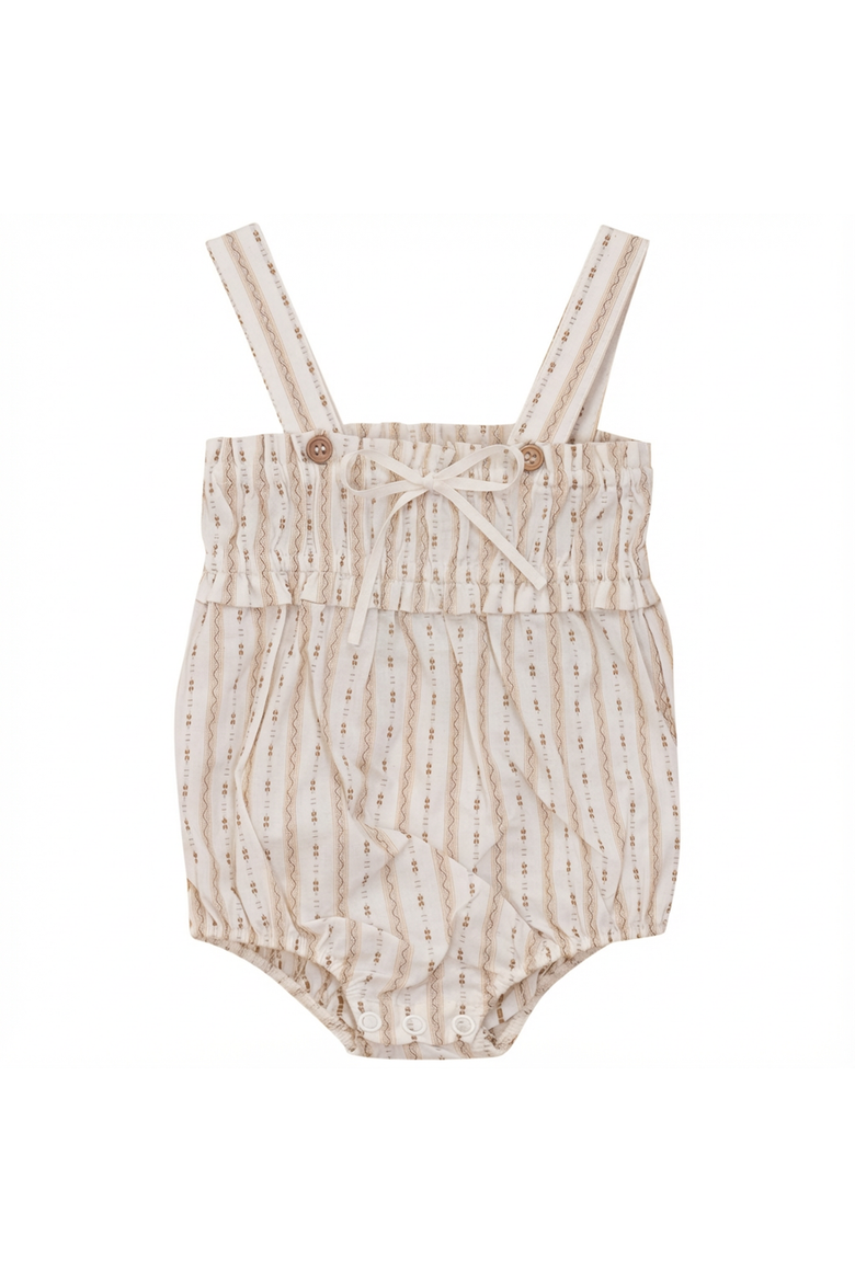 Striped Woven Folded Strap Bow Romper, Main, color, Beige