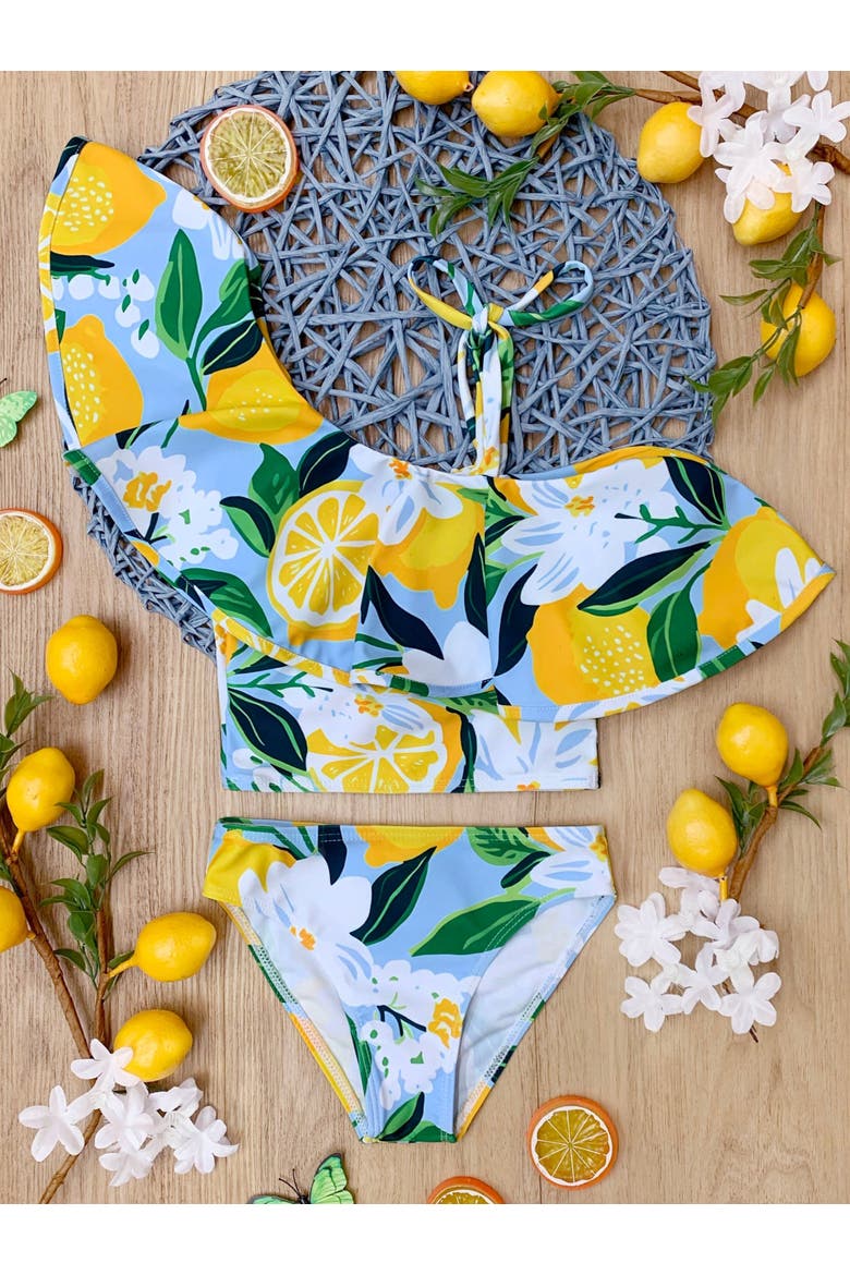 Girls Citrus Splash Lemon Print Two-Piece Swimsuit, Alternate, color, Multicolor
