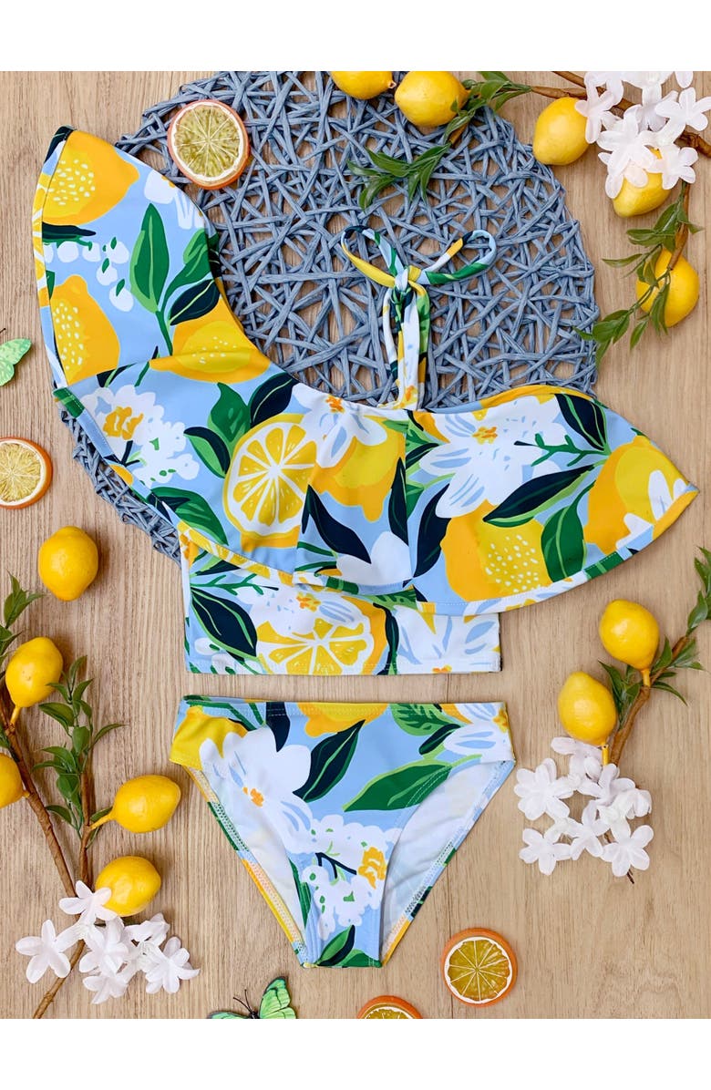 Mia Belle Girls Girls Citrus Splash Lemon Print Two-Piece Swimsuit, Alternate, color, Multicolor