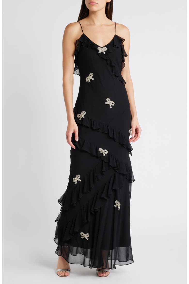 Rialto Bow Embellished Ruffle Silk Dress, Main, color, BLACK