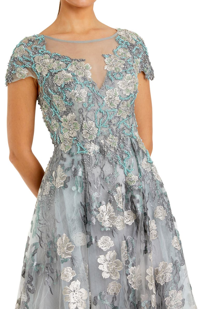 Mac Duggal Embroidered Mesh Dress with Illusion Neckline, Alternate, color, Seamist