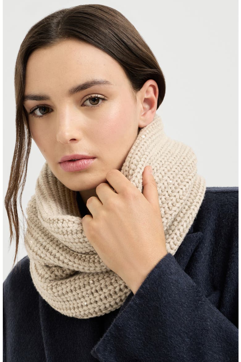 Cashmere and silk dazzling rib knit neck warmer, Alternate, color, Beige