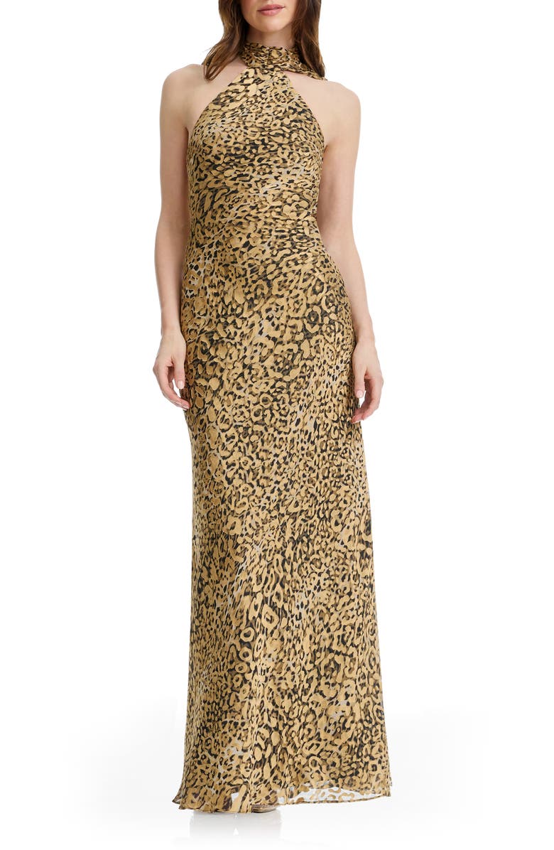 Dress the Population Olivia Leopard Print Halter Neck Gown, Main, color, Leopard Multi