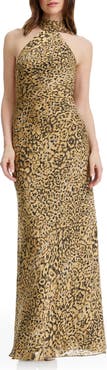 Dress the Population Olivia Leopard Print Halter Neck Gown