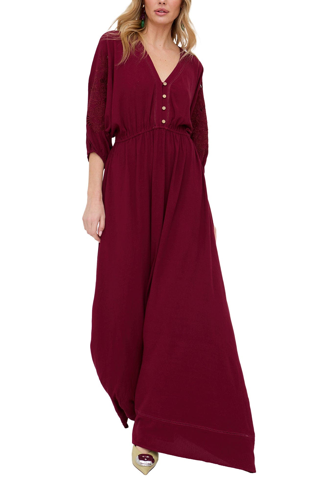 Raffya Somerton Kaftan Style Embroidered Maxi Dress In Burgundy