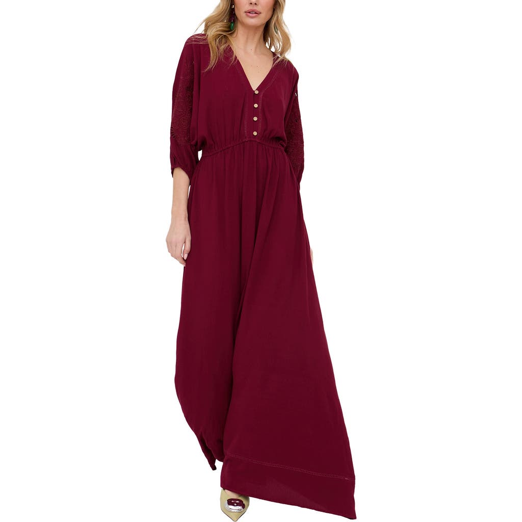 Raffya Somerton Kaftan Style Embroidered Maxi Dress In Burgundy