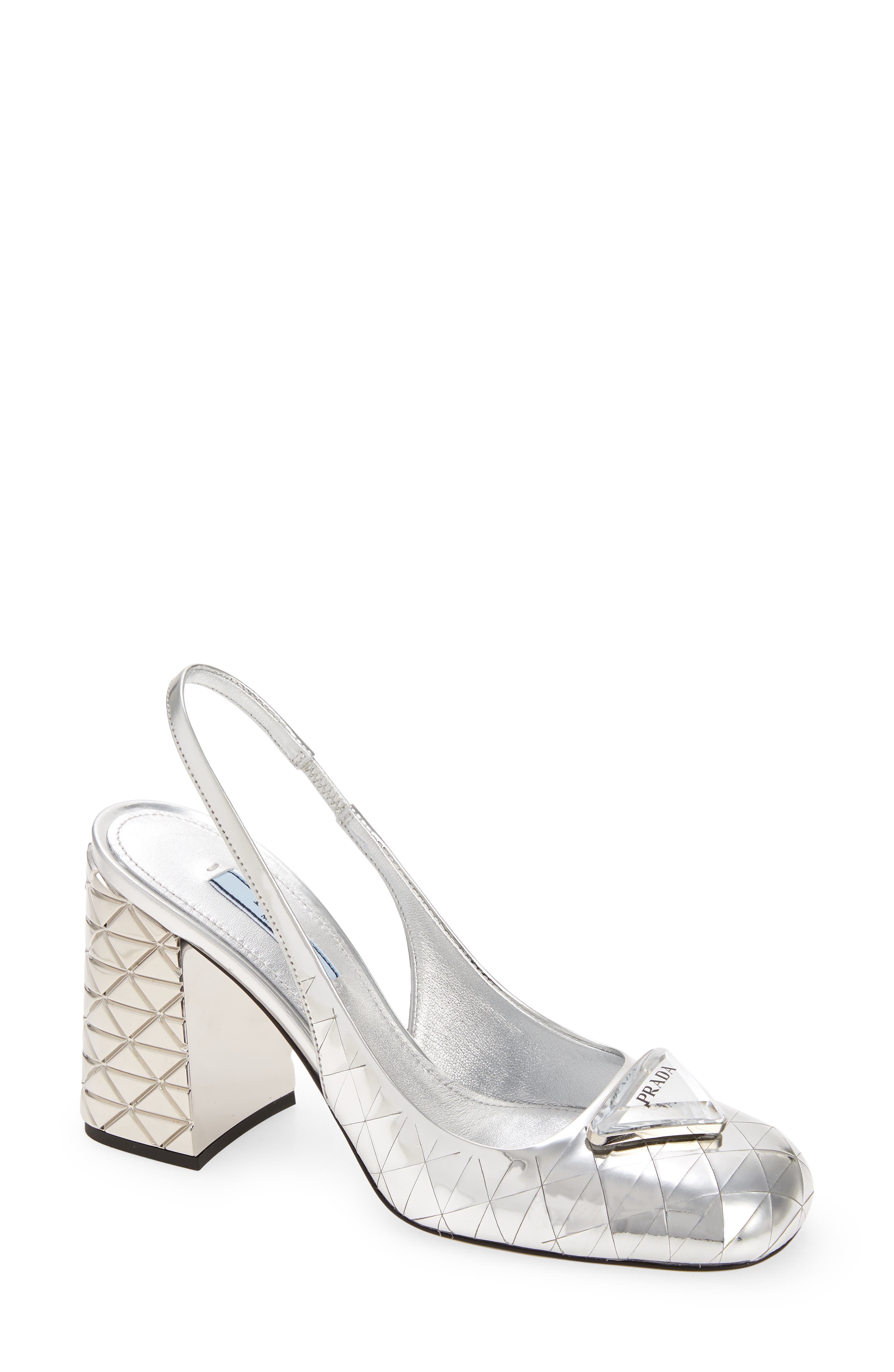 Prada Logo Metallic Slingback Sandal, Main, color, 