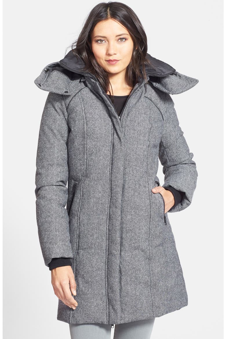 Down Filled Wool Blend Coat with Removable Hood, Main, color, BLACK