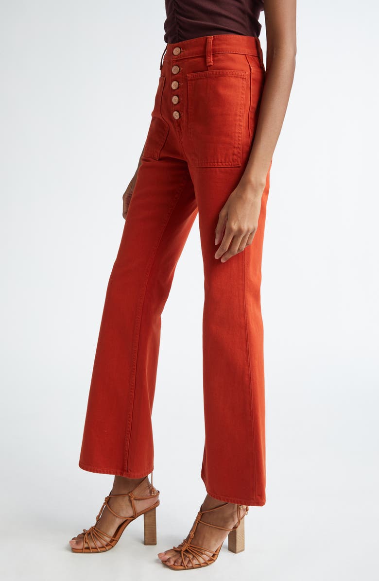 Ulla Johnson The Lou Button Fly Flare Jeans, Alternate, color, Red Ochre Wash