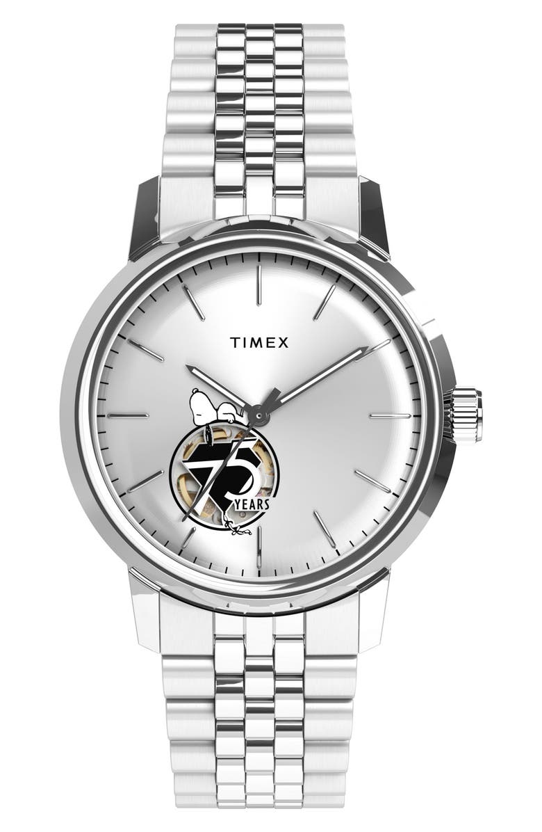 Timex<sup>®</sup> x Peanuts Marlin<sup>®</sup> 75th Anniversary Edition Automatic Bracelet Watch, 40mm, Main, color, Silver-Tone