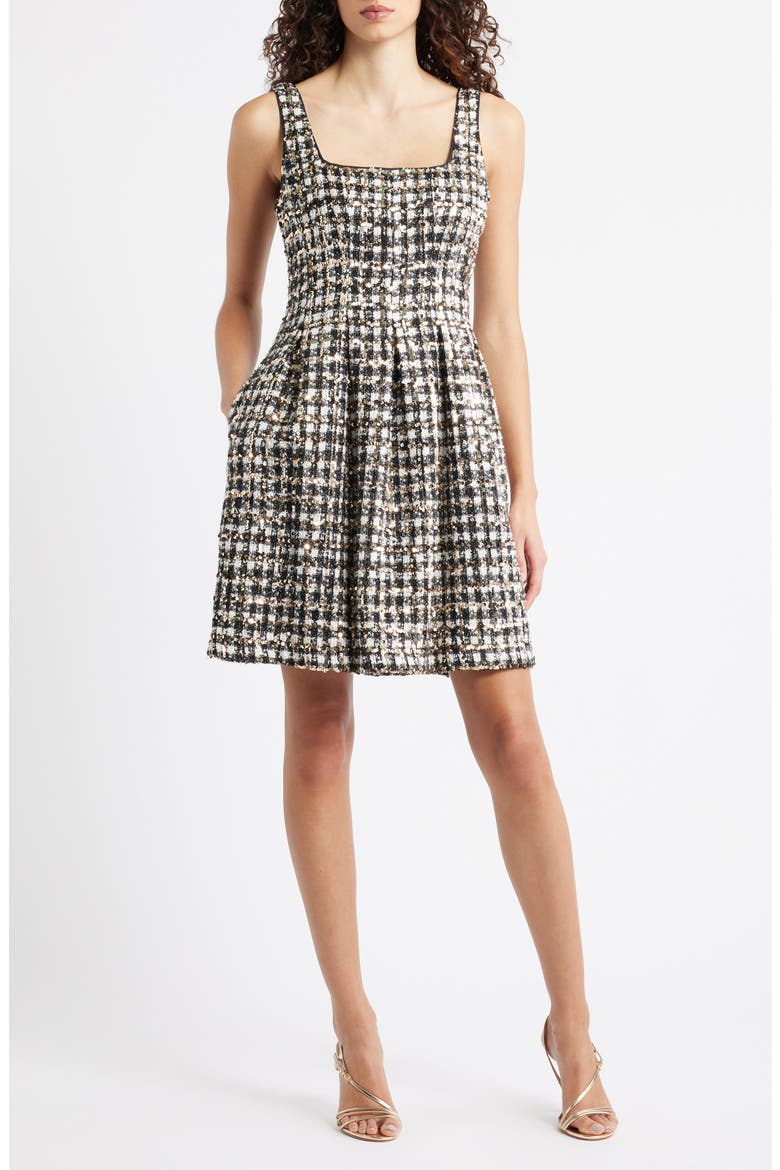 Sequin Bouclé Fit & Flare Dress, Main, color, WHITE BLACK