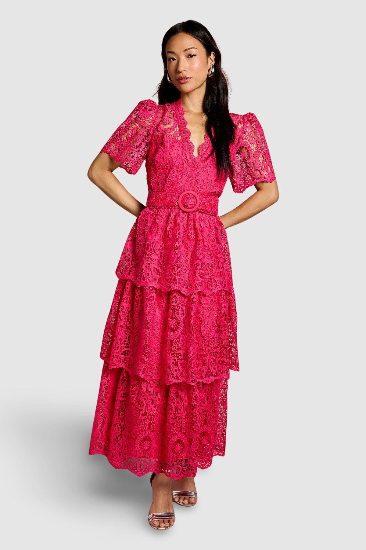 Short Sleeve Tiered Lace Midi Dress - image 3