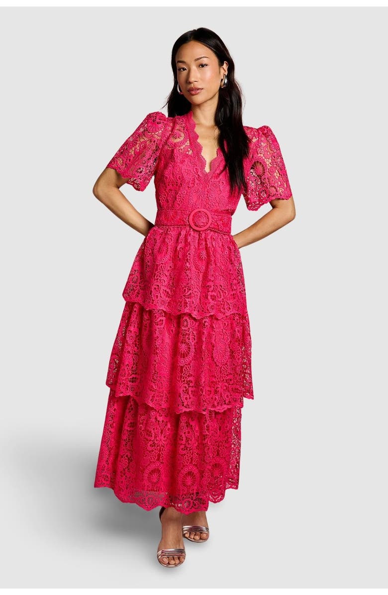 Coast Short Sleeve Tiered Lace Midi Dress, Main, color, Raspberry