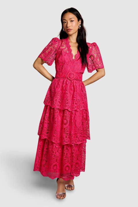 Short Sleeve Tiered Lace Midi Dress