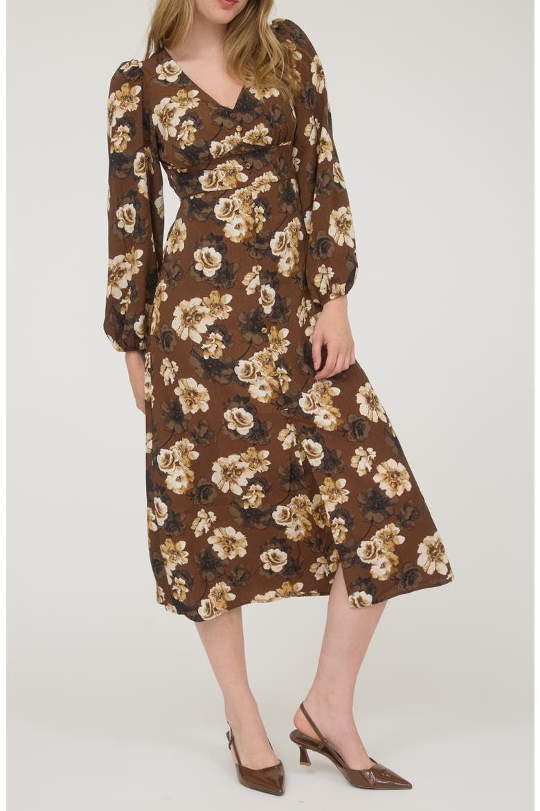 Floral Long Sleeve Maxi Dress, Alternate, color, BROWN MULTI