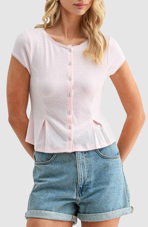 Pointelle Stitch Peplum Button-Up Top
