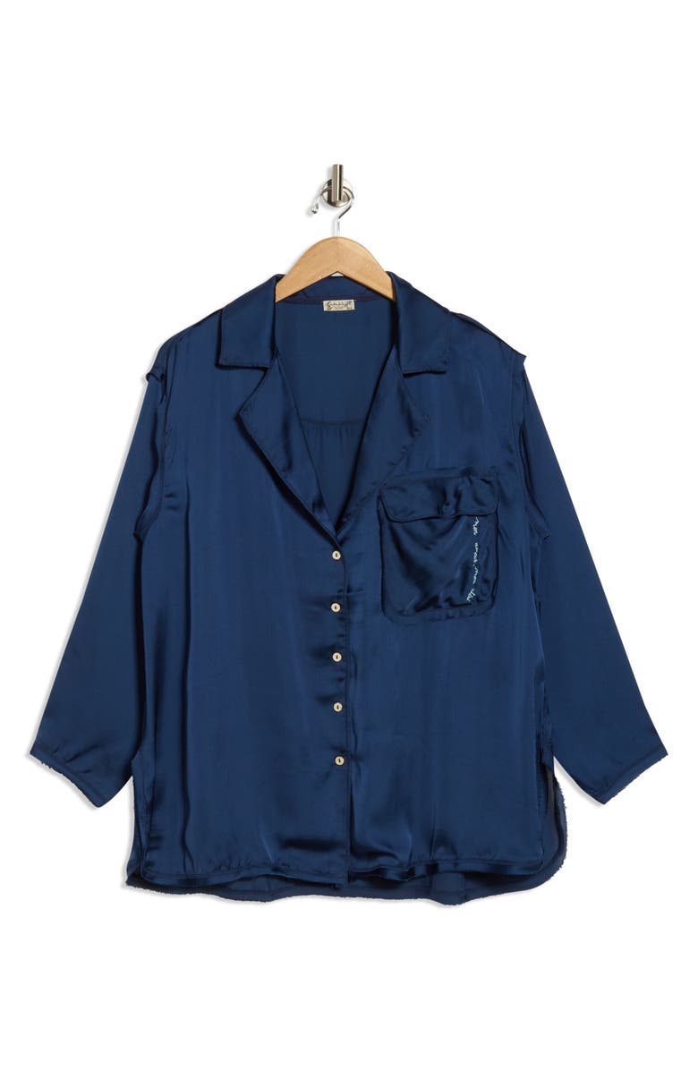 Free People Like Honey Long-Sleeve Satin Pajama Shirt, Alternate, color, Navy Coat