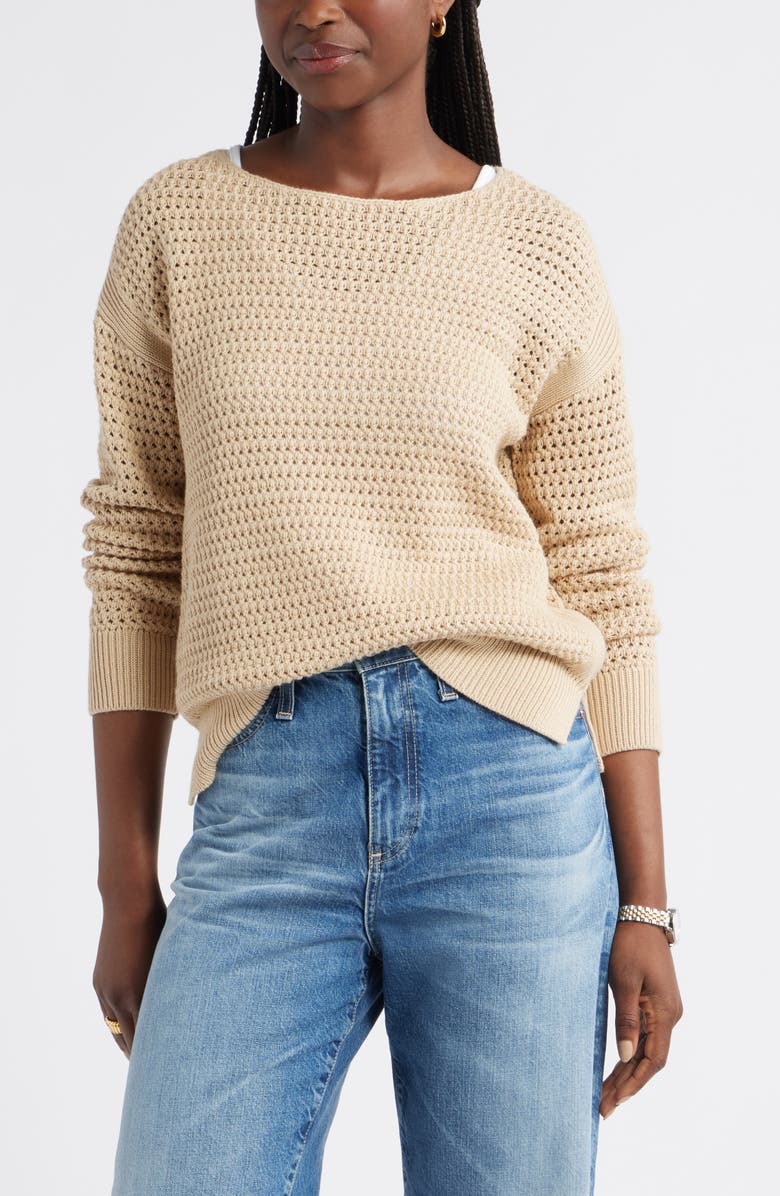 Caslon<sup>®</sup> Open Stitch Cotton Blend Sweater, Main, color, Tan Shore