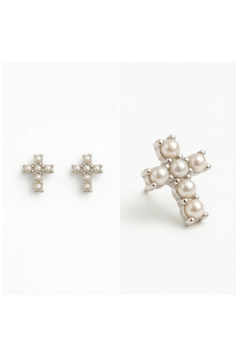 Freshwater Pearl Cross Stud Earrings, Alternate, color, WHITE/ SILVER PLATED
