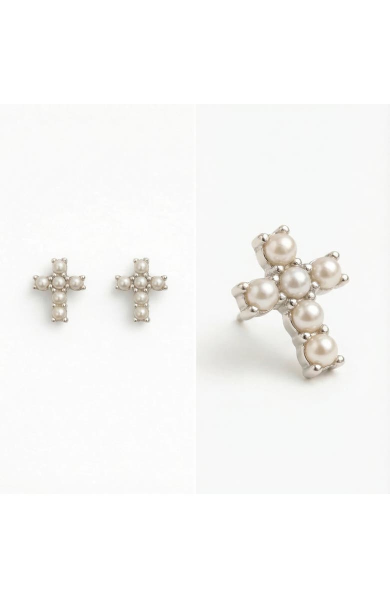 BEST SILVER Freshwater Pearl Cross Stud Earrings, Alternate, color, White/ Silver Plated