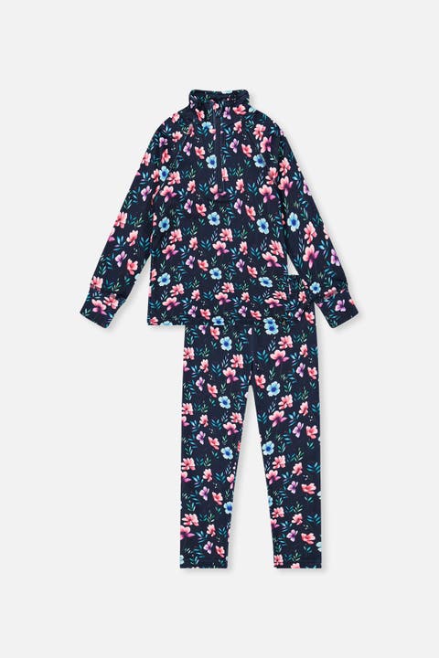 Floral Two Piece Brushed Half-Zip Top & Pants Thermal Underwear