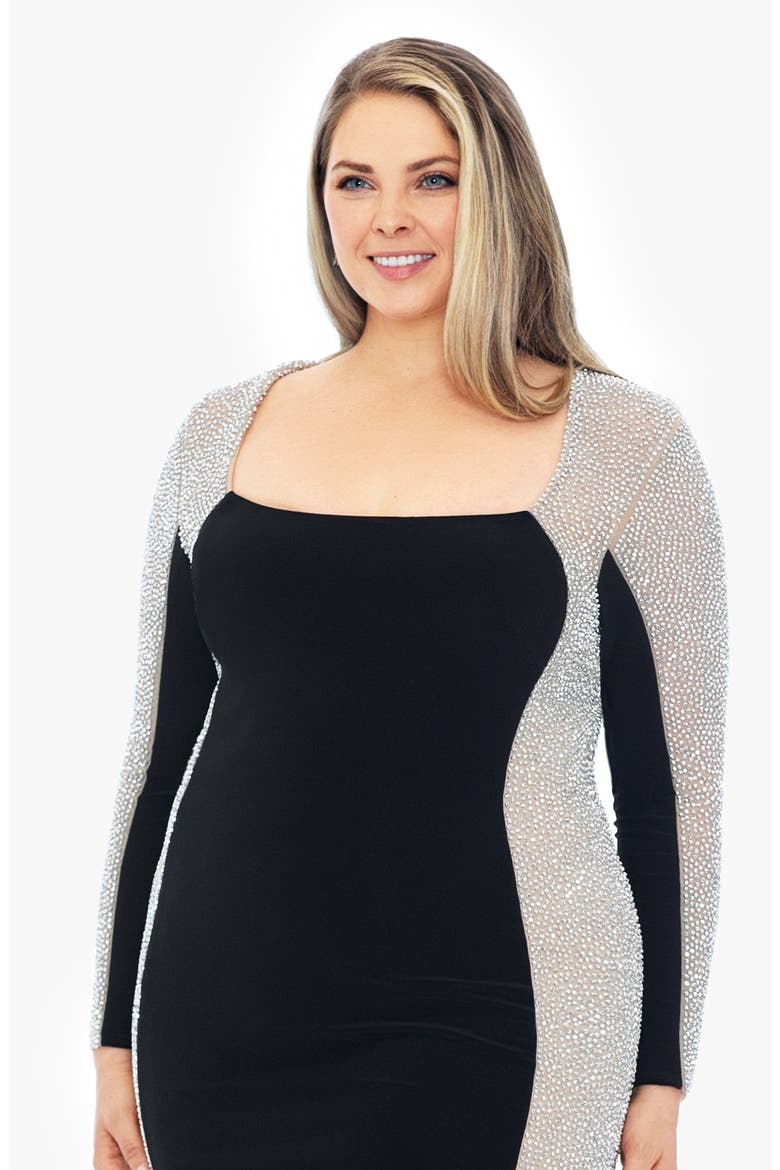 Beaded Long Sleeve Gown, Alternate, color, BLACK NUDE SILVER