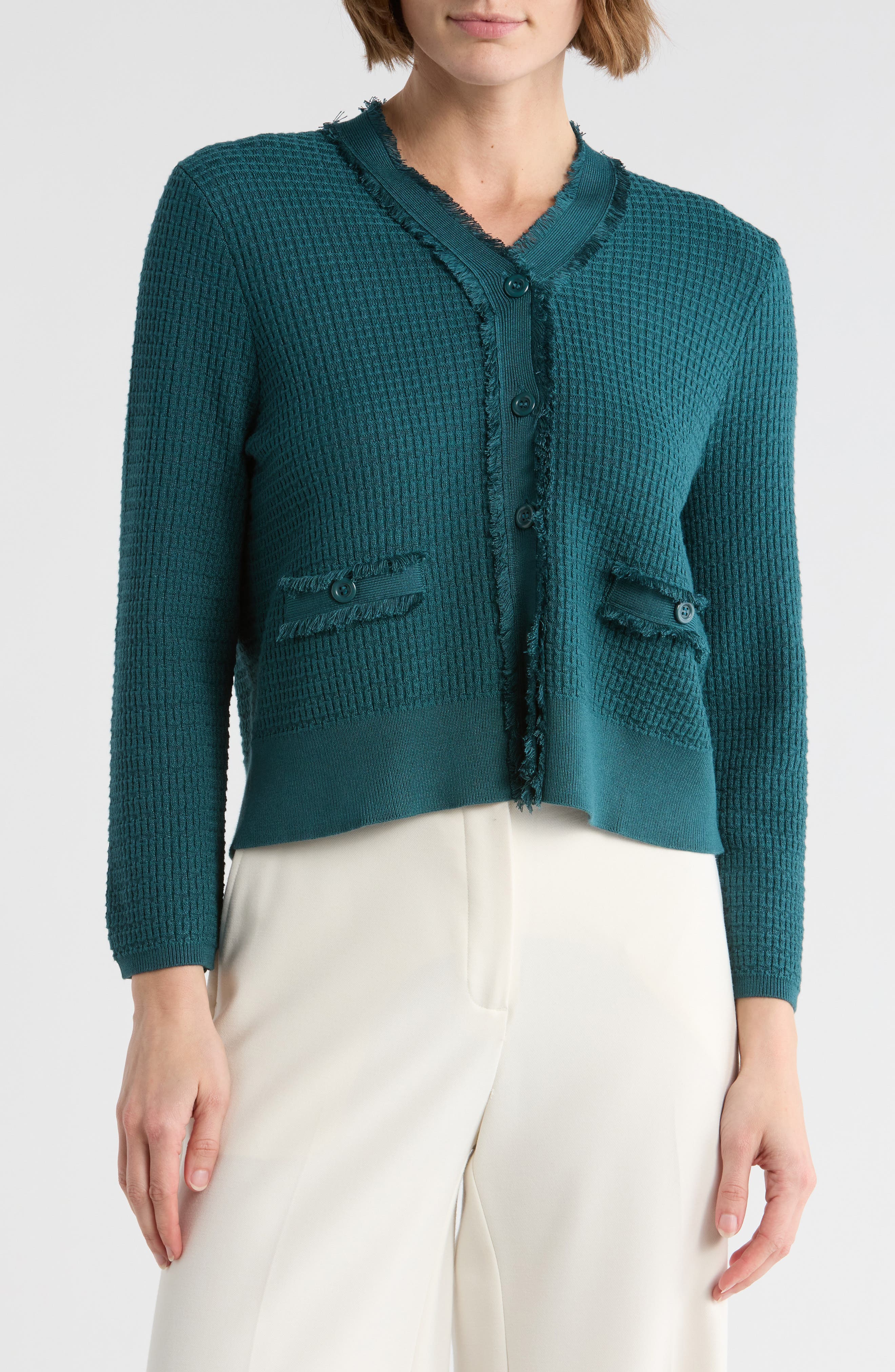 Frayed Waffle Knit Cardigan